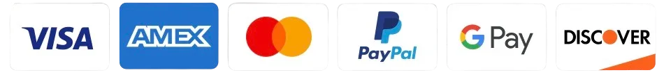 Accepted payment methods: Visa, Amex, Mastercard, PayPal, Google Pay, Discover